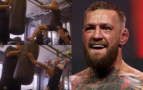 McGregor's kicking video (left, images courtesy of @thenotoriousmma Instagram); McGregor (right, image courtesy of Getty)