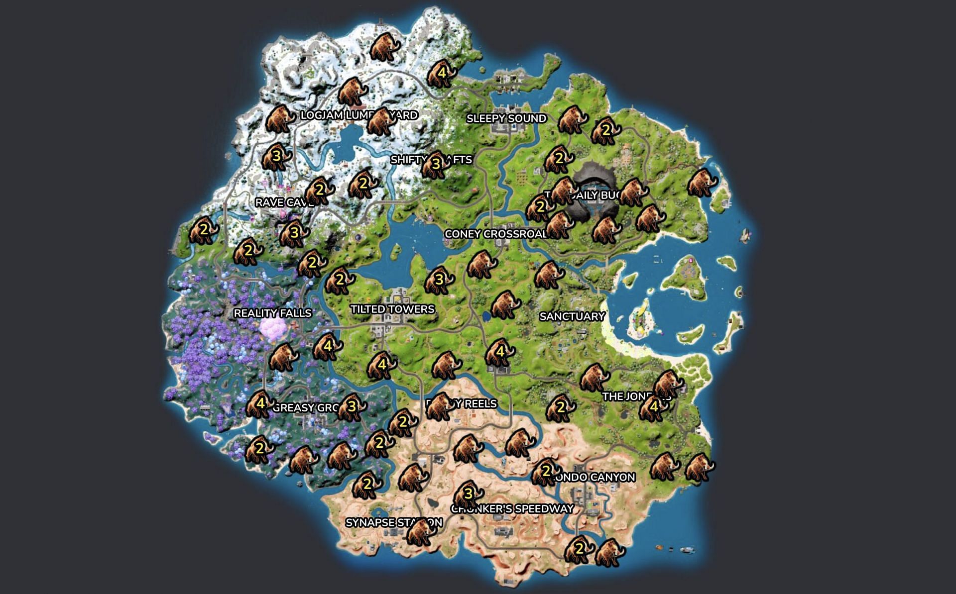 Wild Boar locations in Fortnite Chapter 3 Season 3 (Image via FN.gg)