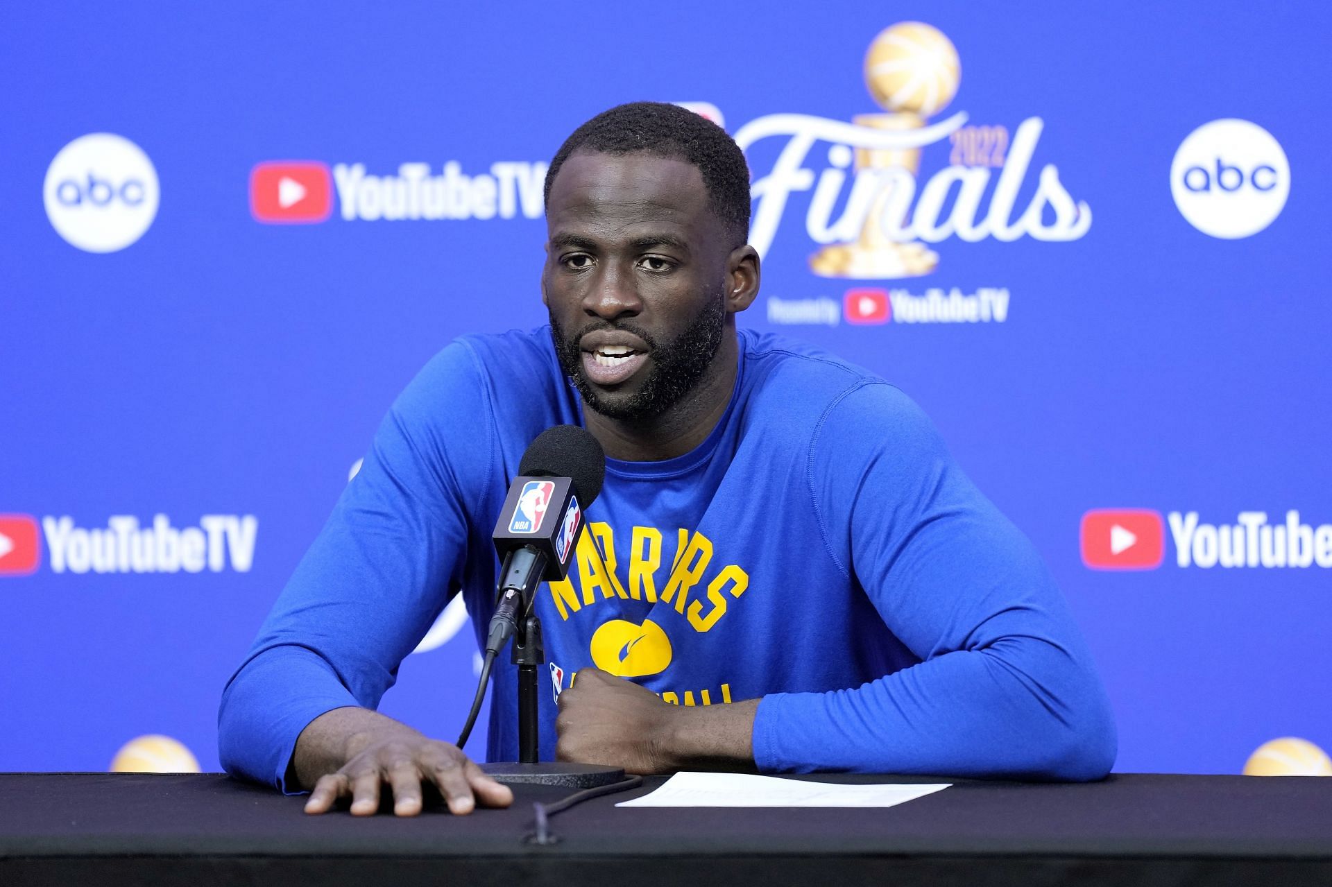 Draymond Green attends a press conference during the 2022 NBA Finals - Game Two