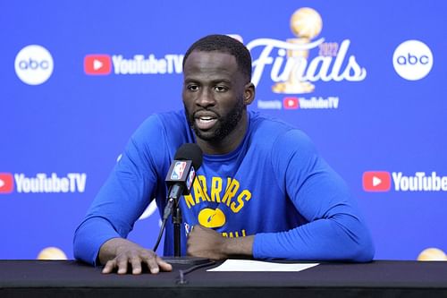 Draymond Green attends a press conference during the 2022 NBA Finals - Game Two