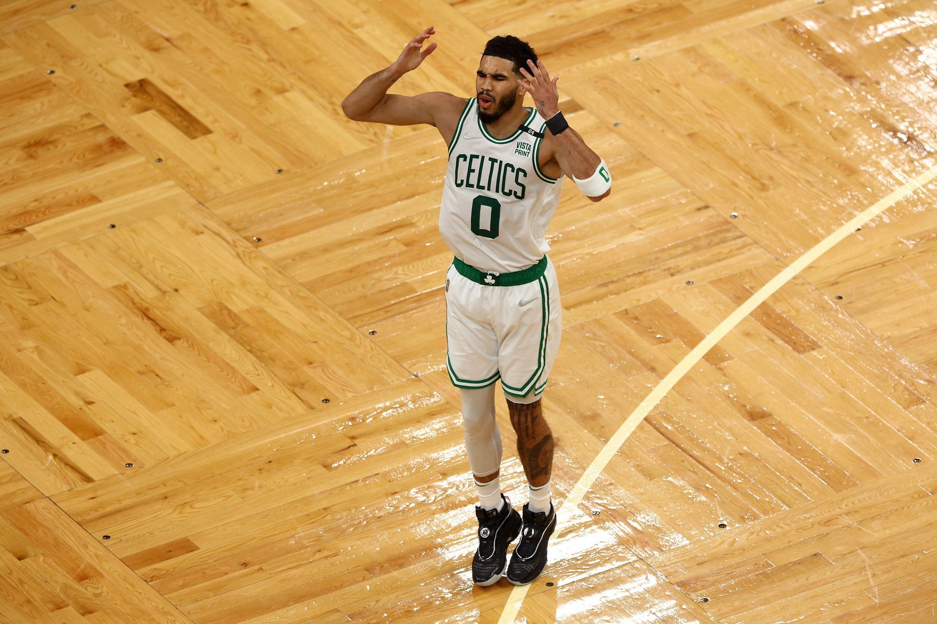 Jayson Tatum of the Boston Celtics reacts in the fourth quarter against the Golden State Warriors during Game 3 of the NBA Finals at TD Garden on Wednesday in Boston, Massachusetts
