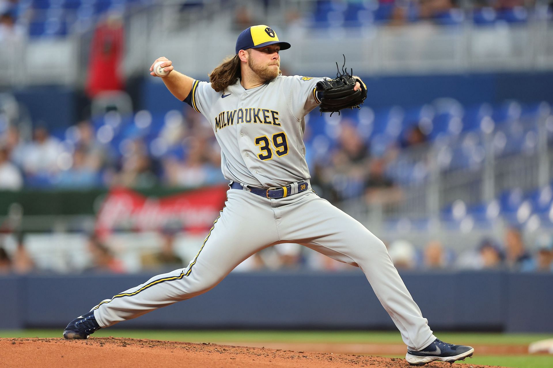 Corbin Burnes pitches during Milwaukee Brewers v Miami Marlins game.