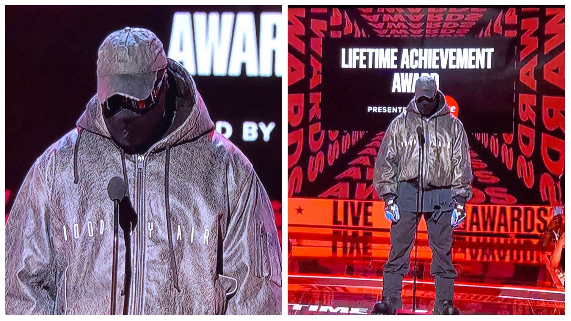 Kanye West gave a speech while presenting Sean &ldquo;Diddy&rdquo; Combs with the Lifetime Achievement award at the BET Awards (Image via @KellyeComms/Twitter)