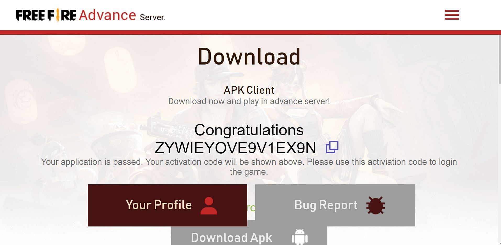 Gamers will have to use this code to access the client (Image via Garena)