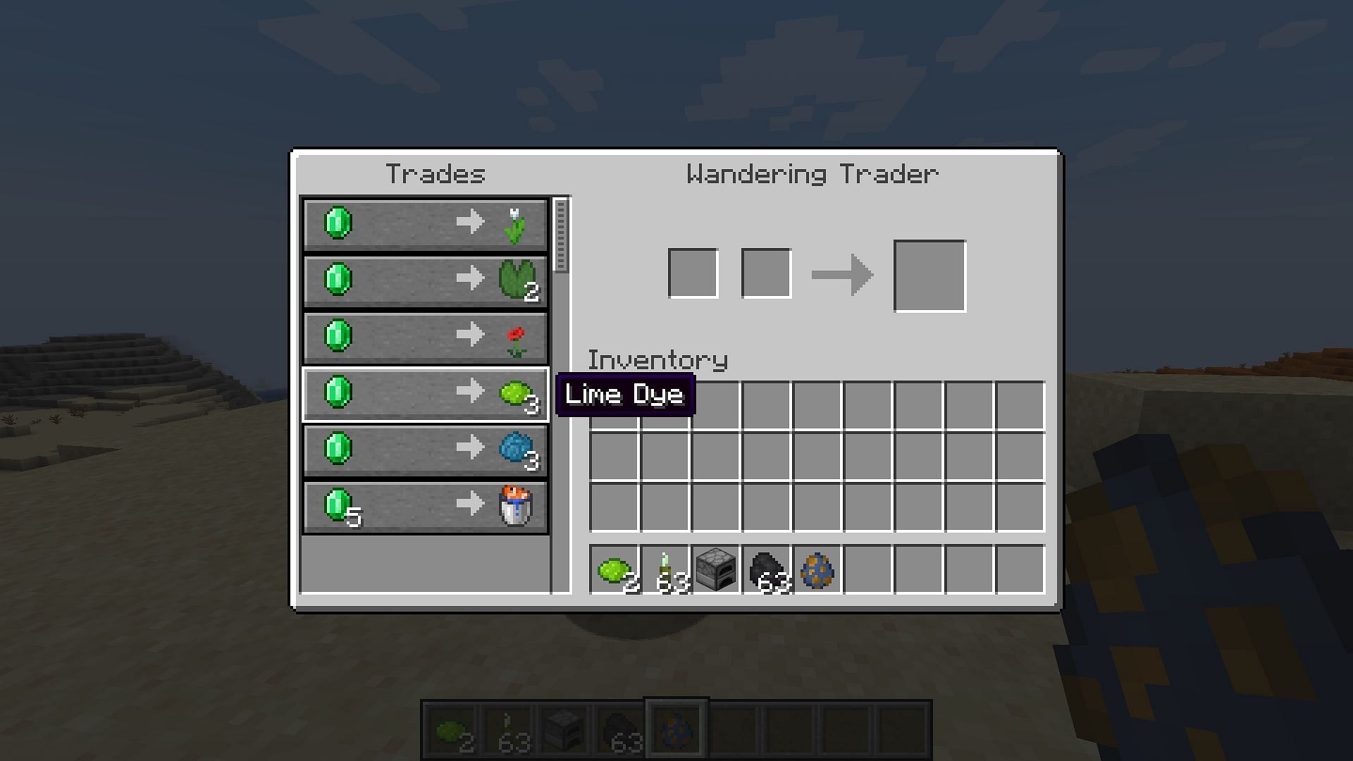 A wandering trader can trade the desired dye (Image via Minecraft 1.19)