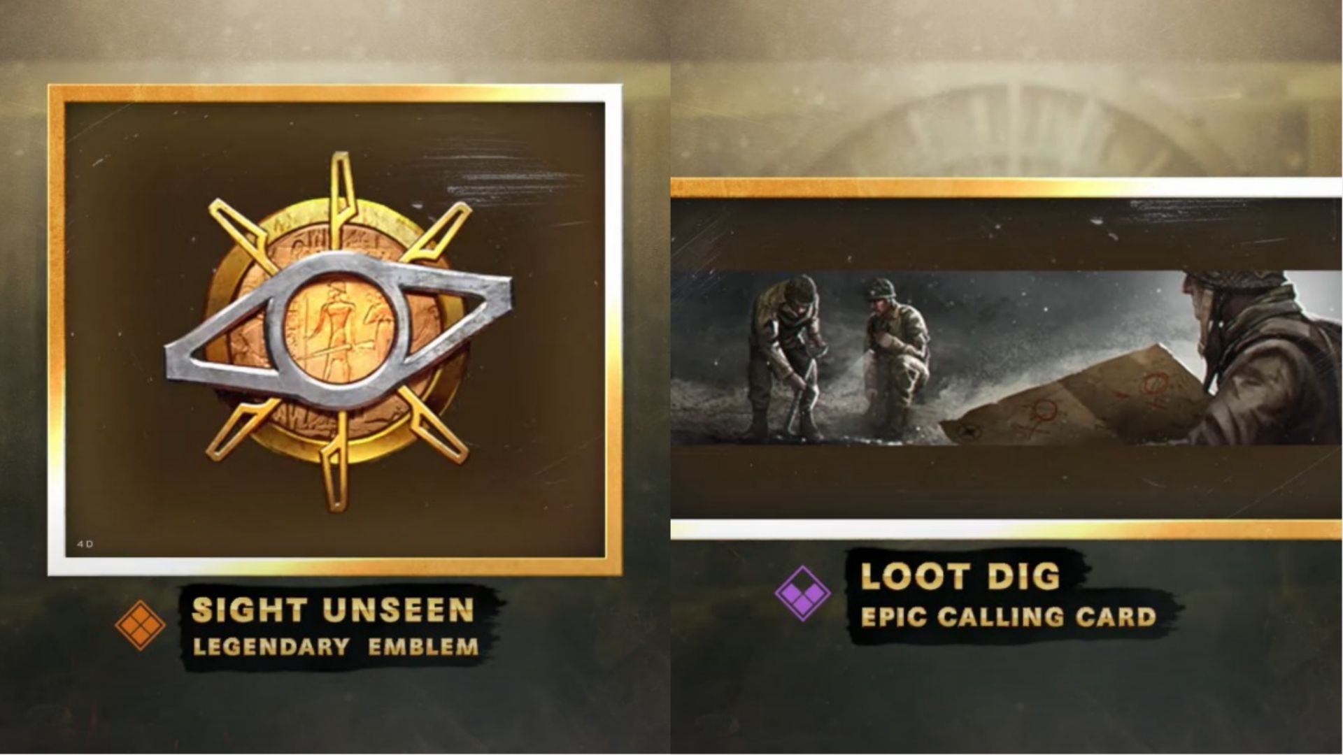 The Legendary &ldquo;Sight Unseen&rdquo; Emblem and Epic &ldquo;Loot Dig&rdquo; Calling Card (Image via PlayStation)