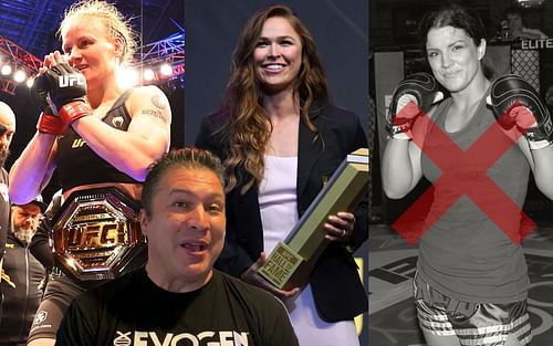 Valentina Shevchenko (left), Ronda Rousey (center), Gina Carano (right), Javier Mendez (front) (Images via Getty and YouTube/Yahoo! Sports)