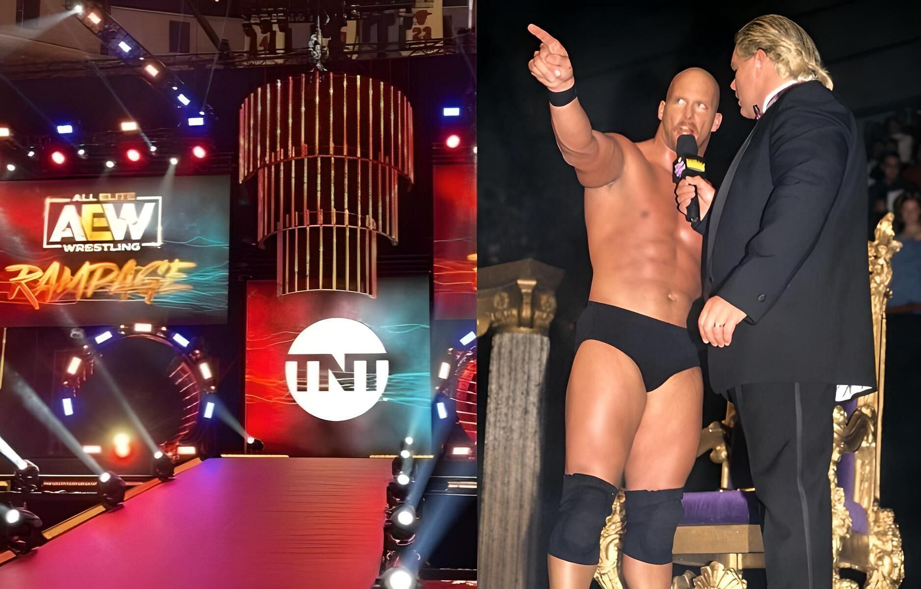 AEW Rampage Stage(L), Steve Austin at King of the Ring 1996(R)