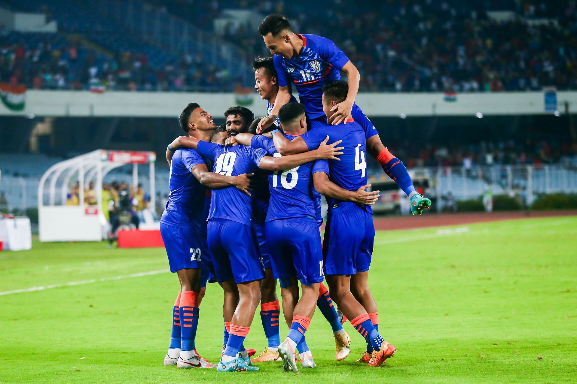 Indian national team players celebrating a goal against Hong Kong in their final group game in the AFC Asian Cup Qualifiers 2023 (Image Courtesy: AIFF Media)
