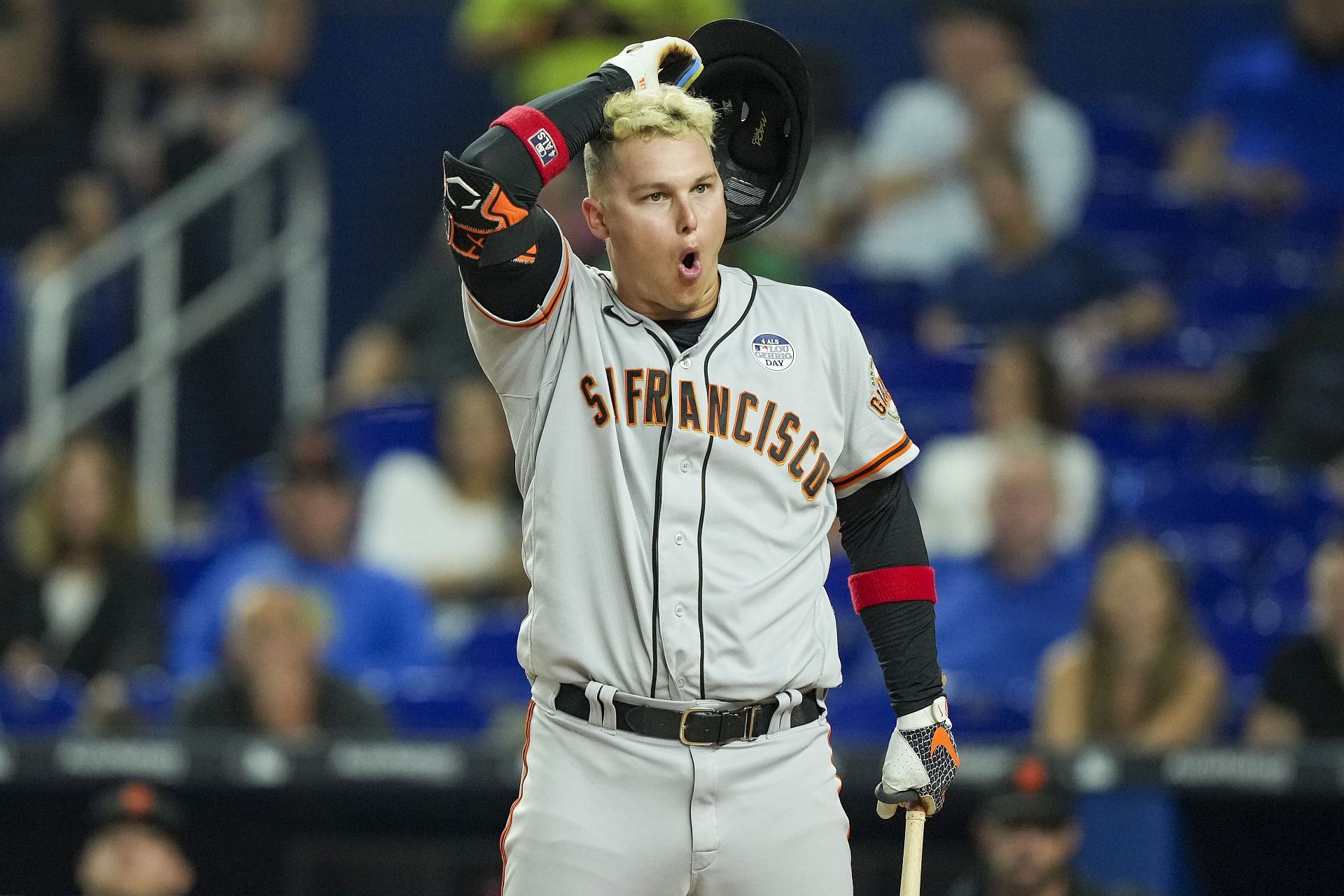 Joc Pederson reacts to being called out on strikes during a San Francisco Giants v Miami Marlins game.