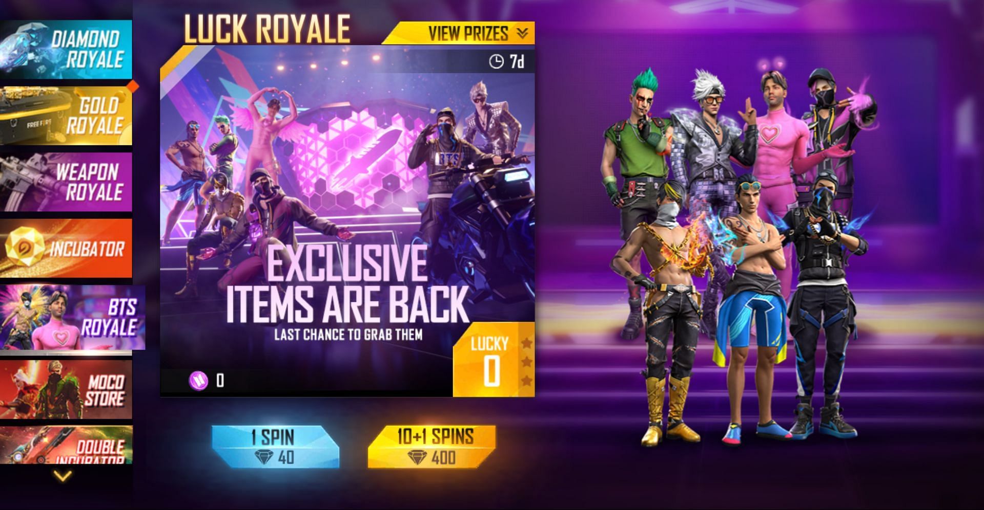 BTS Royale has begun in Free Fire MAX and offers numerous themed items (Image via Garena)