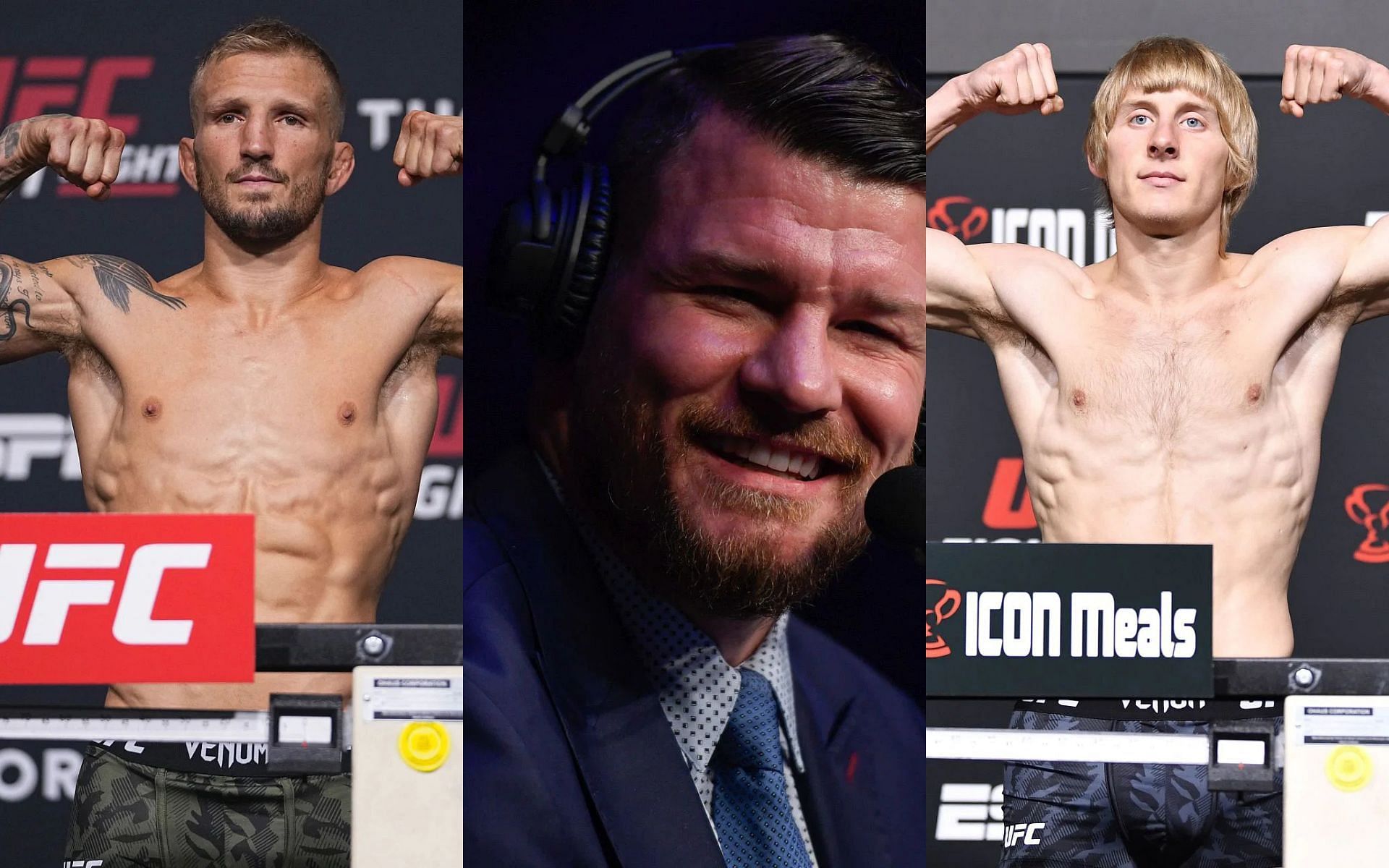 T.J. Dillashaw (left), Michael Bisping (center), and Paddy Pimblett (right) [Images courtesy of Getty]