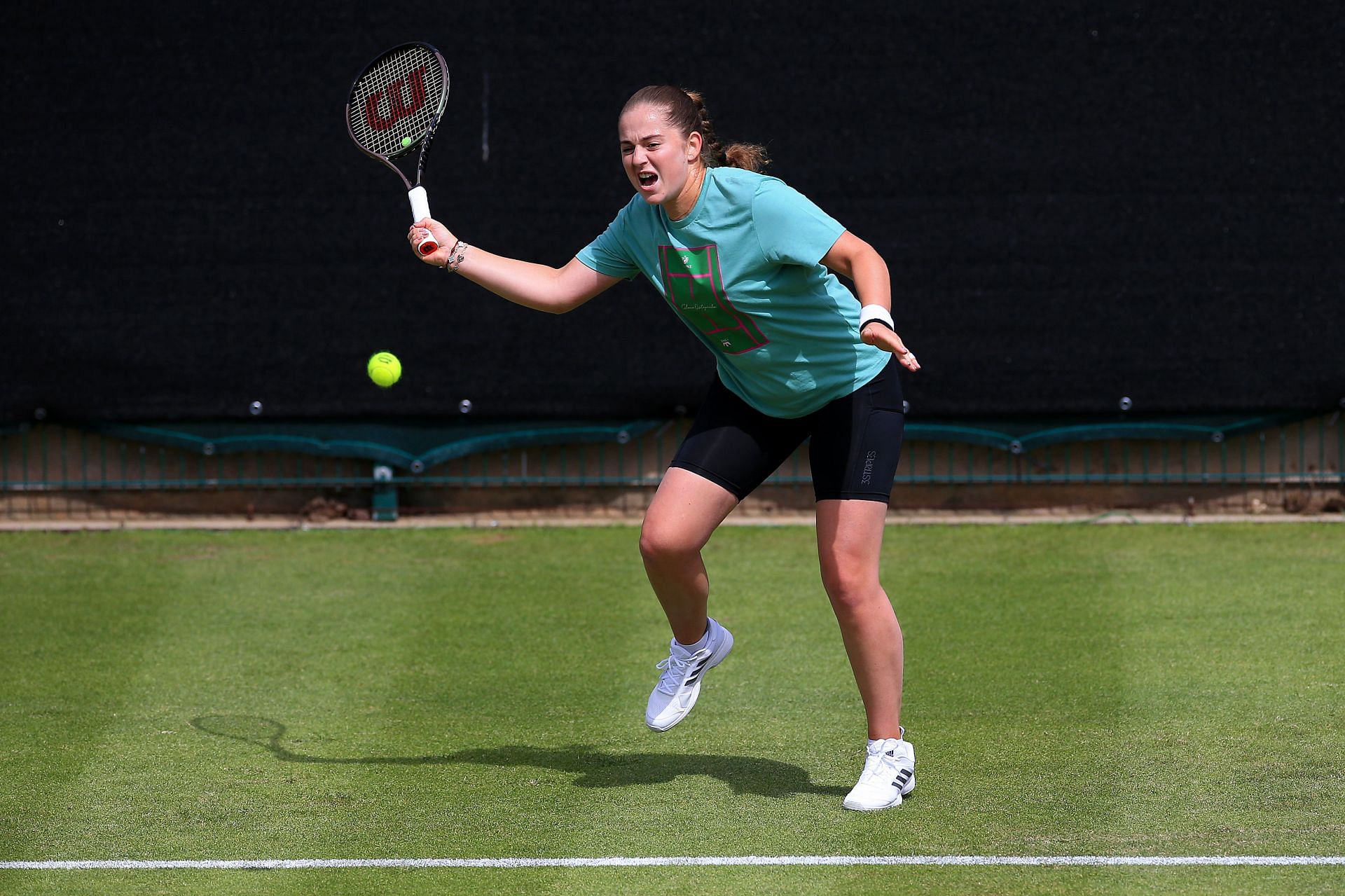 Jelena Ostapenko hits during a practice session ahead of the Rothesay Classic Birmingham