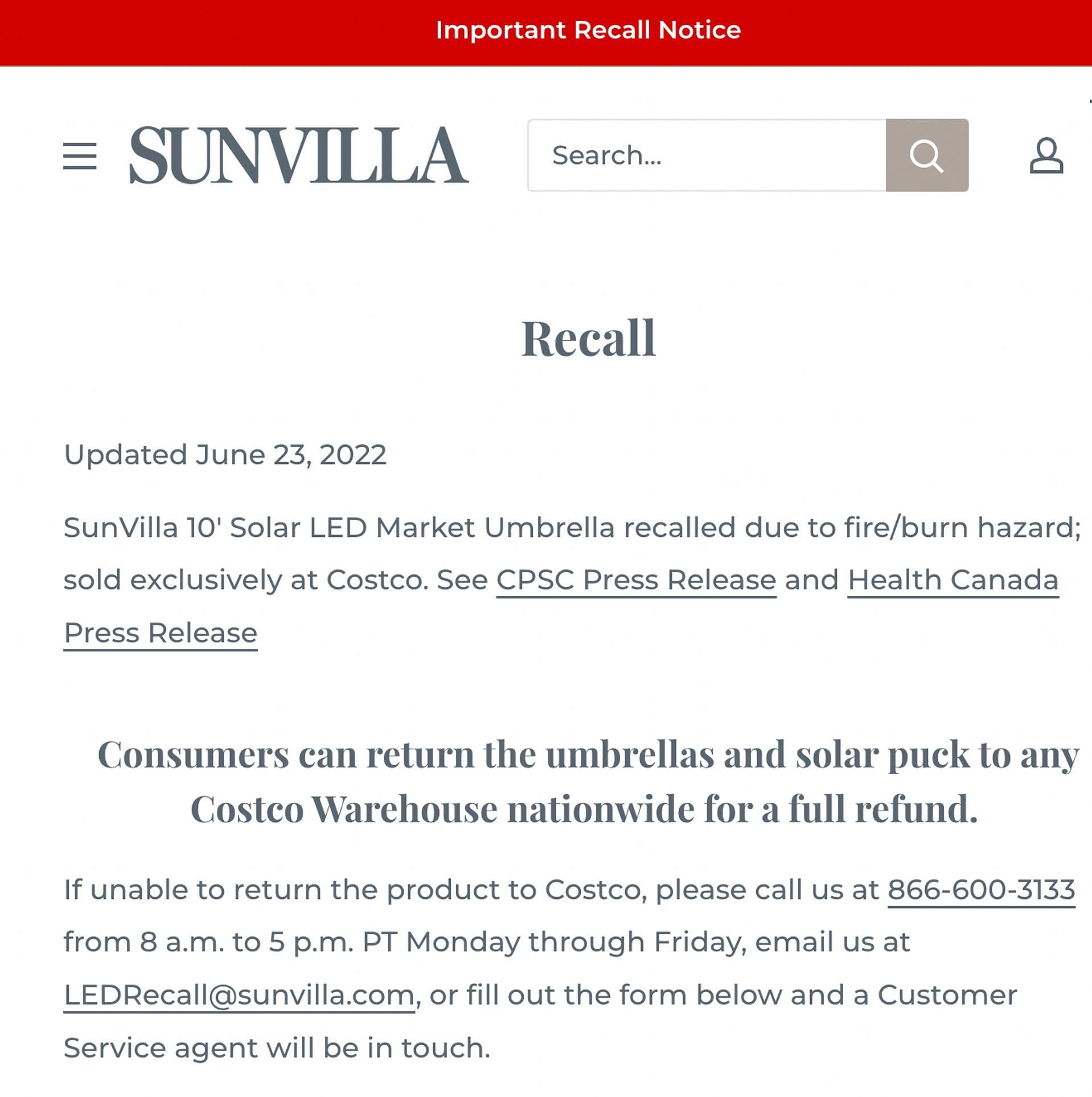 SunVilla issued a notice on their website regarding the umbrella recall. (Image via sunvilla.com)