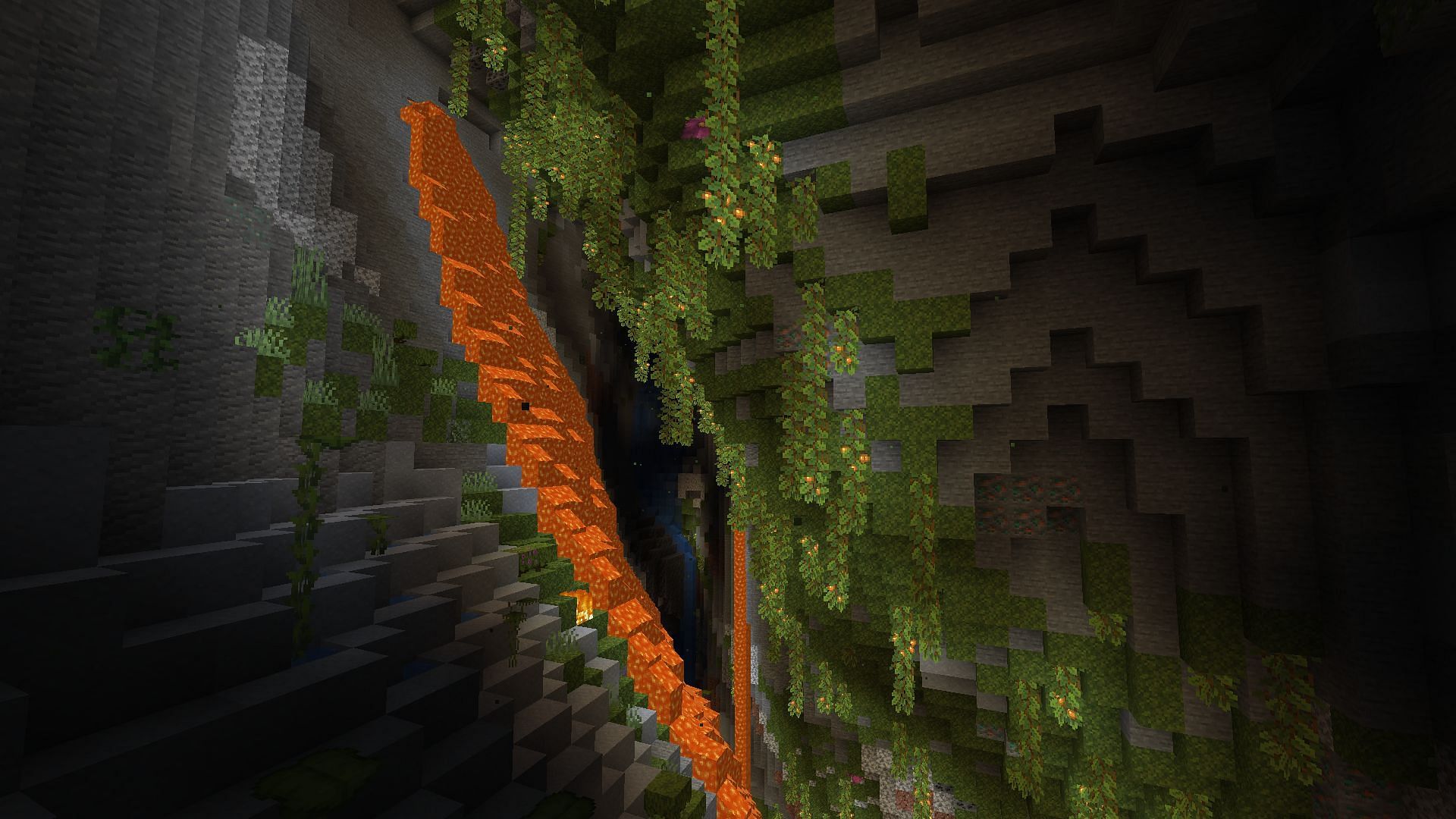 The lush cave with the lava fall (Image via Minecraft)