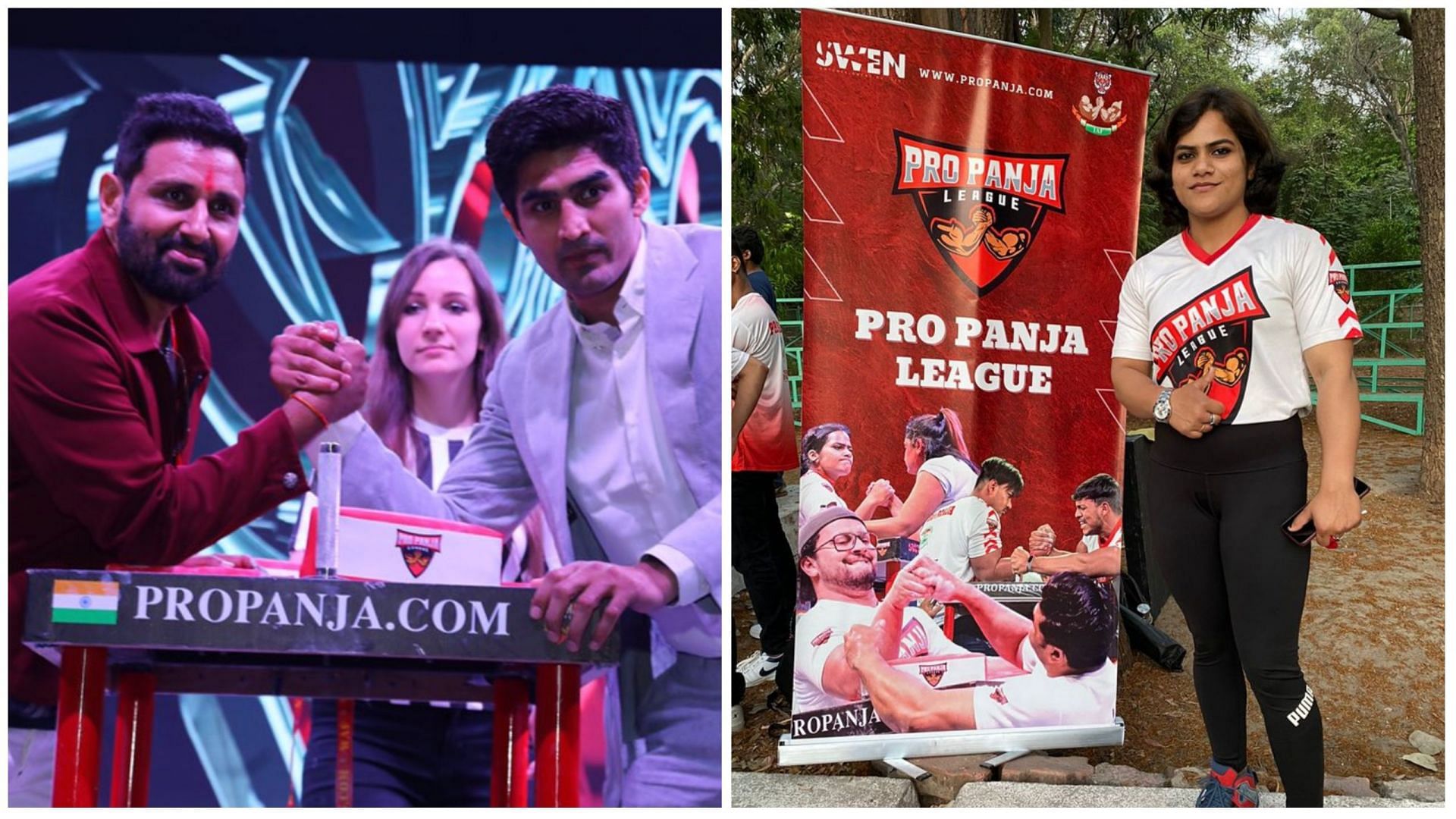 Co-founder Parvin Dabas and Olympian Vijender Singh (L); Female arm wrestler Chetna Sharma with the league banner (R) (Pic Credit: Pro Panja League)