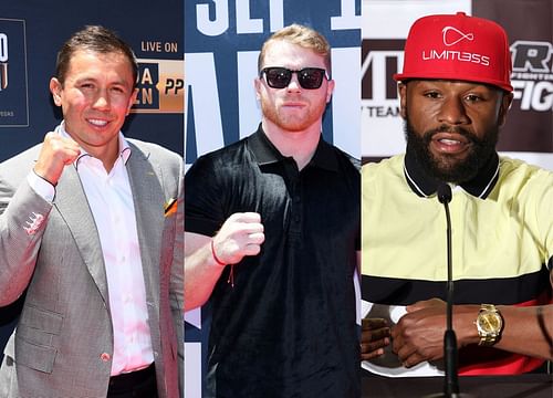 Gennadiy Golovkin (left), Canelo Alvarez (center), Floyd Mayweather Jr (right)