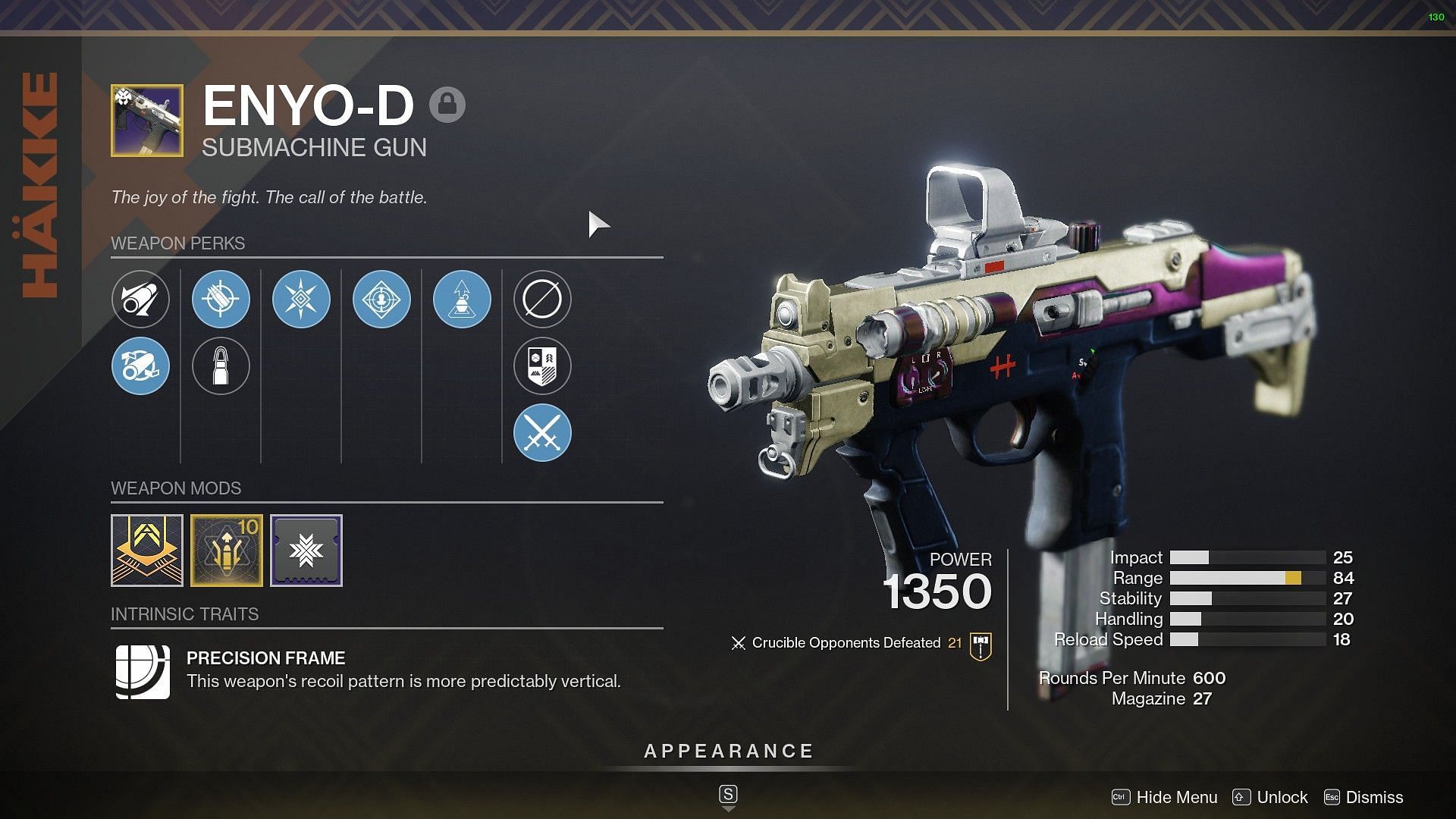 Enyo-D SMG in Destiny 2 from Banshee-44 (Image via Bungie)