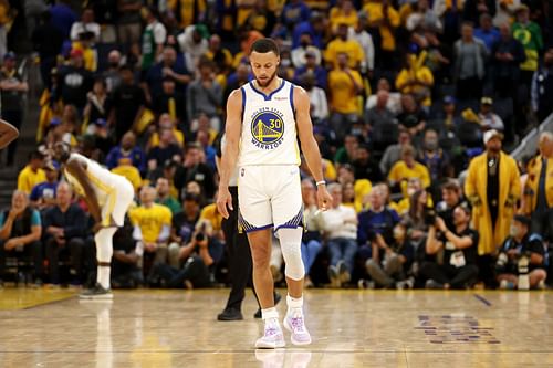 Steph Curry of the Golden State Warriors reacts during the fourth quarter against the Boston Celtics in Game 1 of the NBA Finals on Thursday in San Francisco, California.