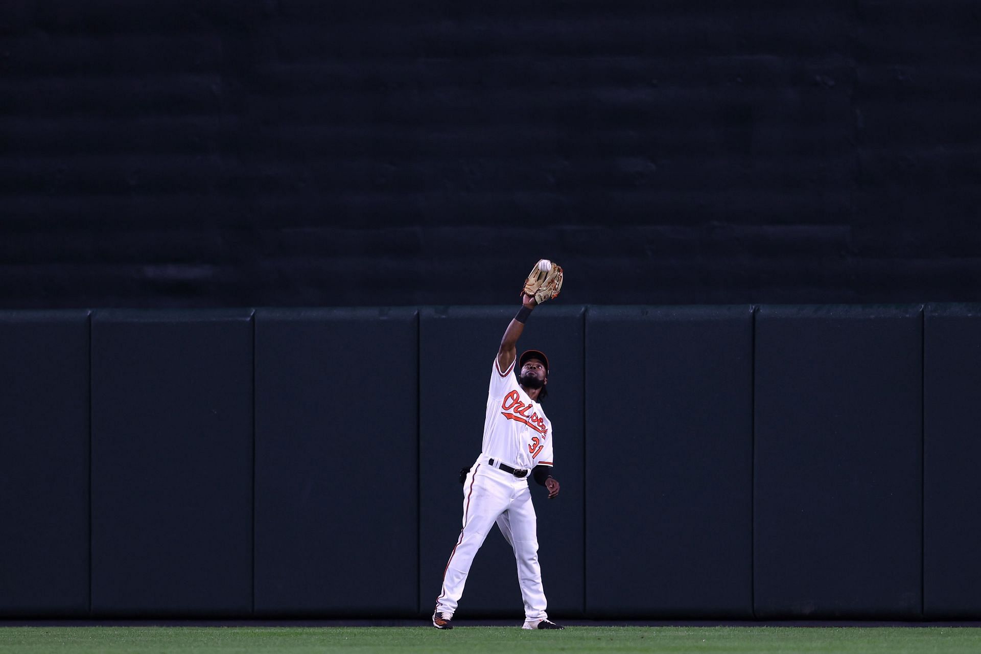 Cedric Mullins makes a catch during a Baltimore Orioles v Chicago Cubs game.