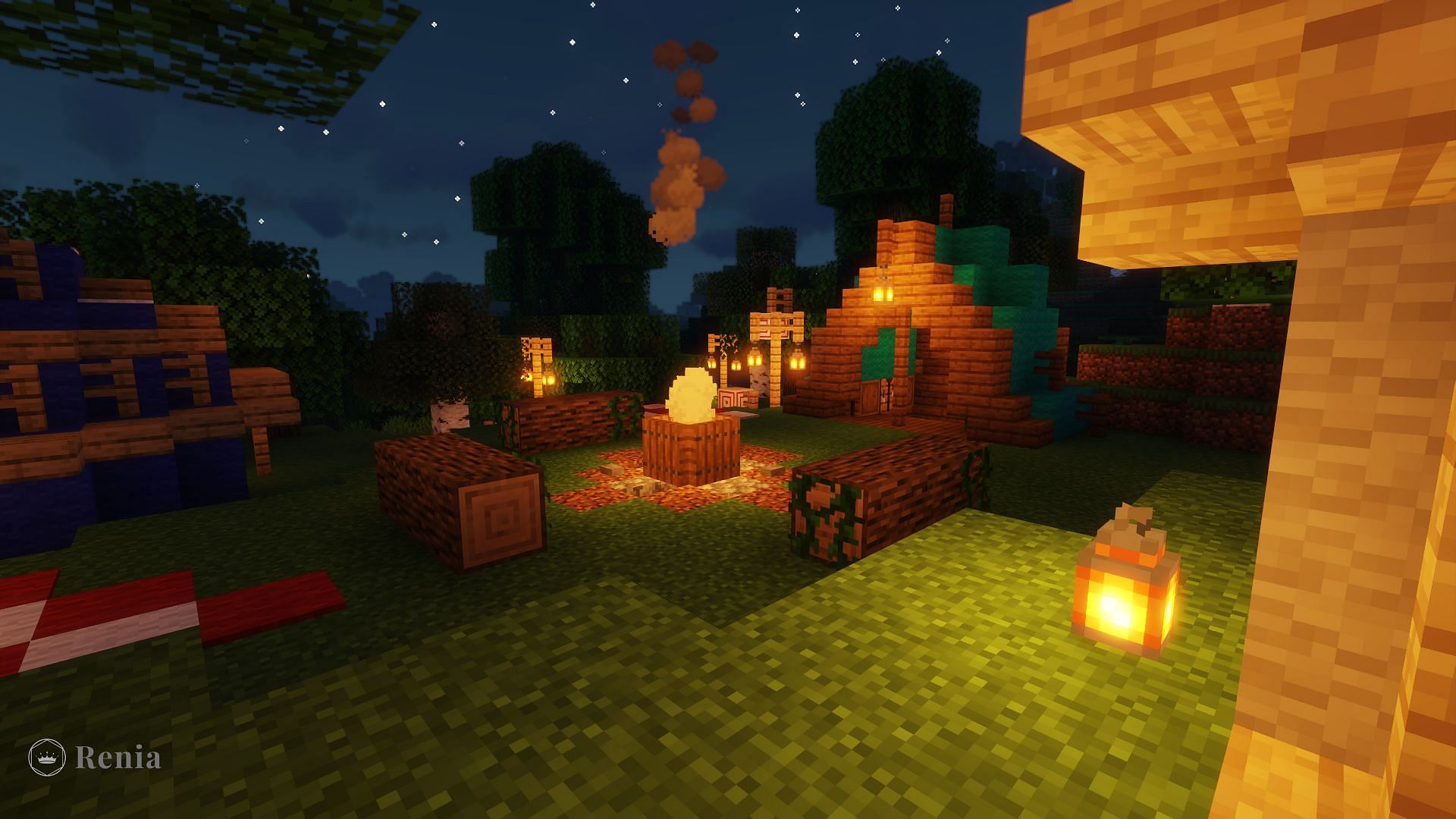 A cozy campfire lights this camping site (Image via u/_Renia_/Reddit)