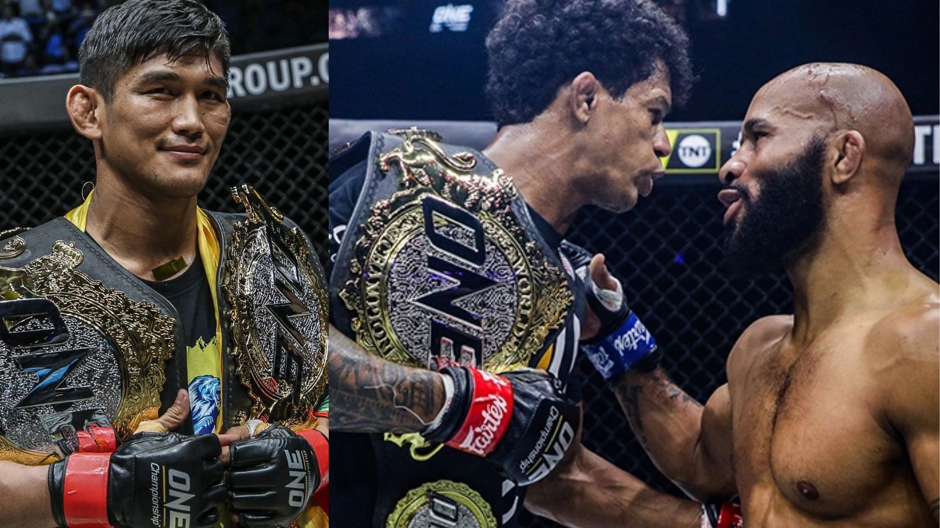 Aung La N Sang (left), Adriano Moraes and Demetrious Johnson (right) [Photo Credits: ONE Championship] 