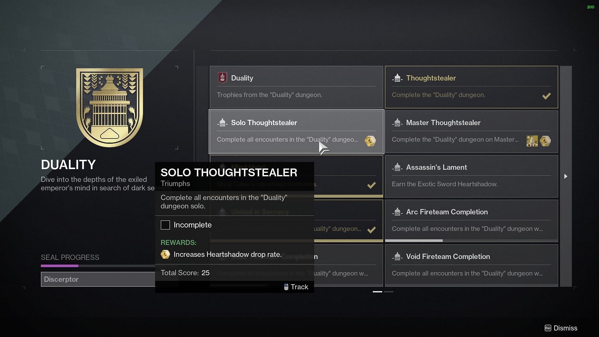 Solo Thoughtstealer triumph in Destiny 2 (Image via Bungie)