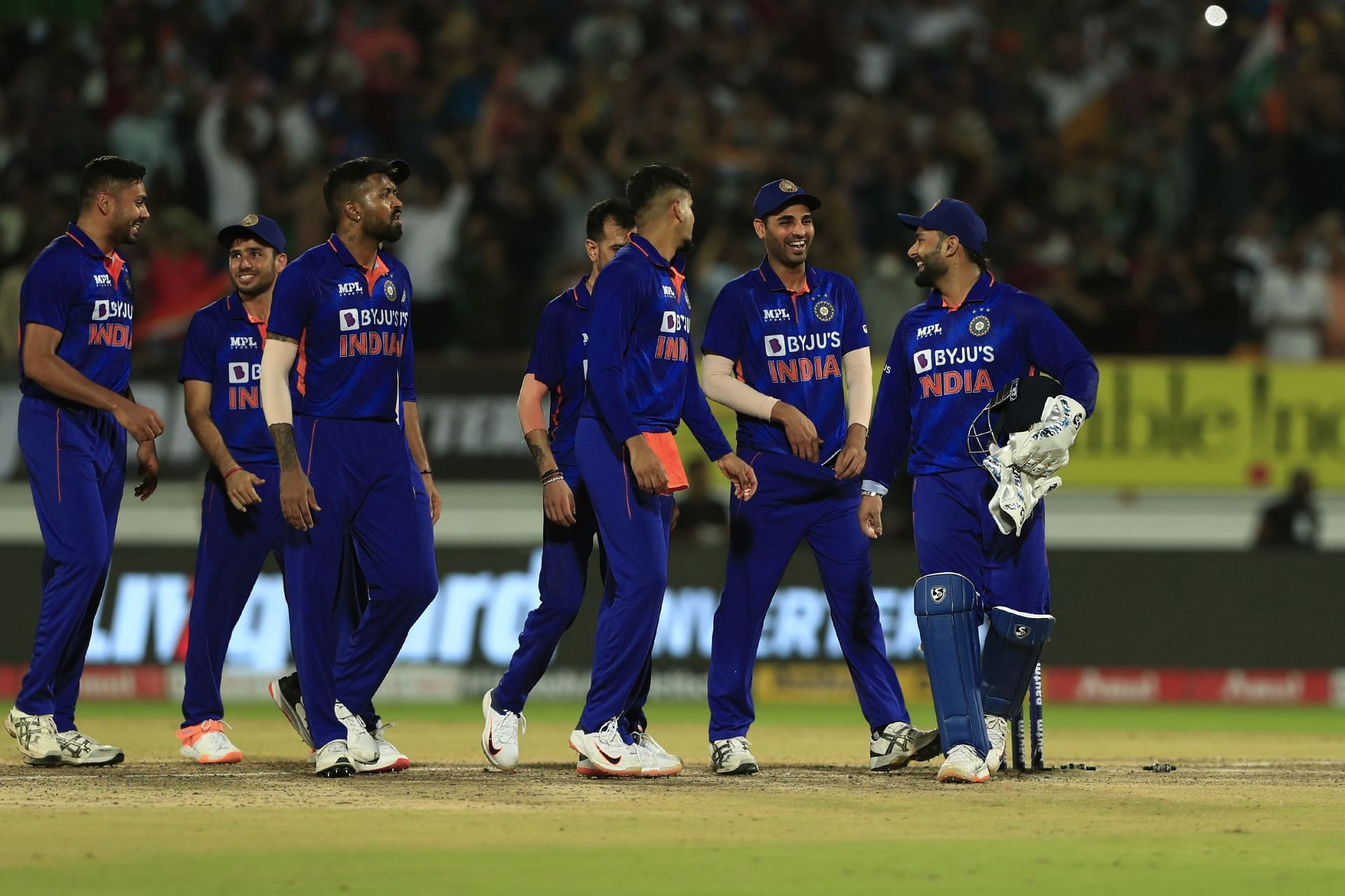 Rishabh Pant (extreme right) with teammates after India&rsquo;s win in the 4th T20I. Pic: Getty Images