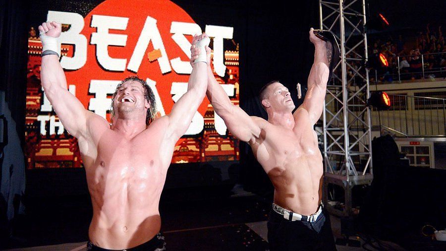 John Cena and Dolph Ziggler celebrating a win