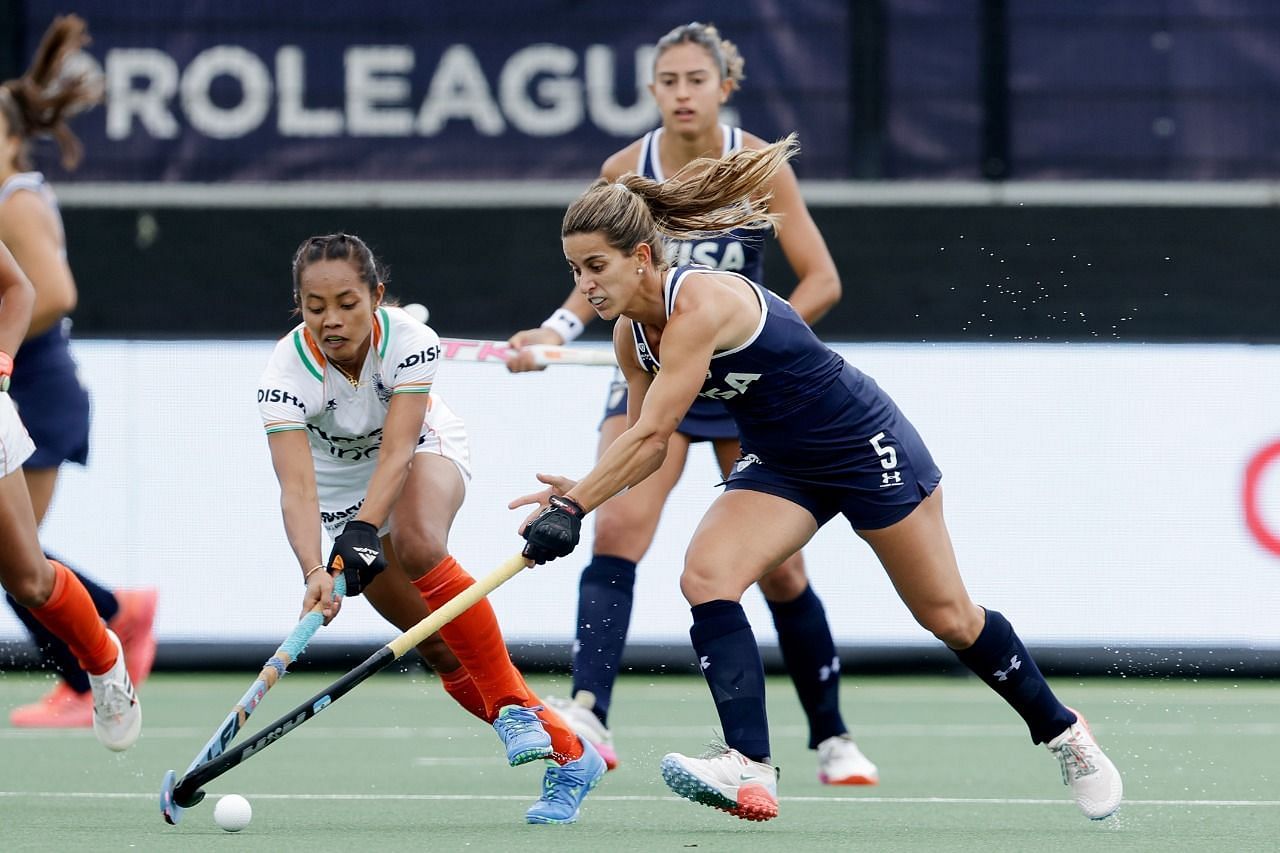 The Indian women&#039;s hockey team in action against Argentina in their FIH Pro League match