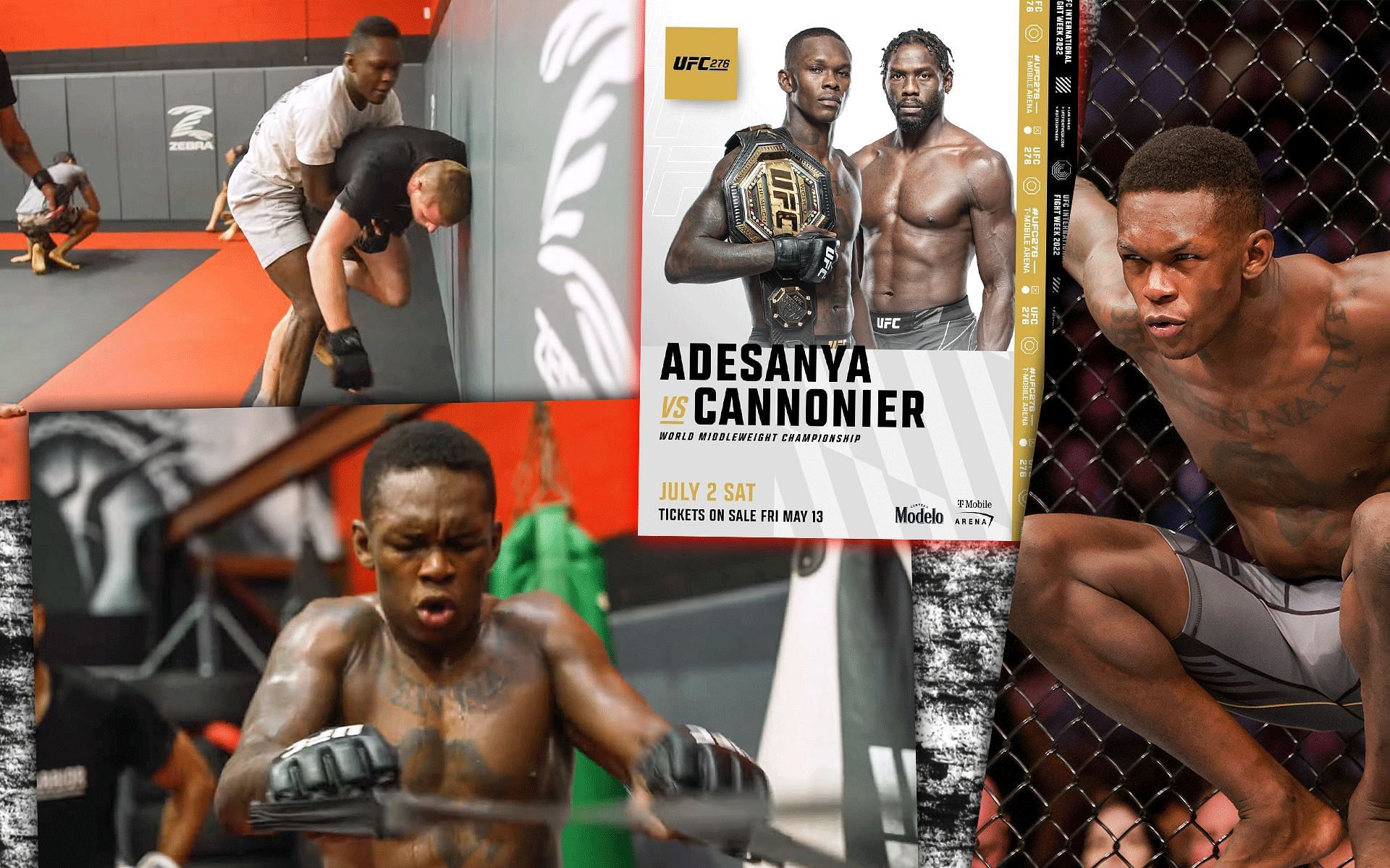 Israel Adesanya training (Left) [via @FREESTYLEBENDER on YouTube], UFC 276 poster (Center) [via @ufc on Instagram], Israel Adesanya (Right)