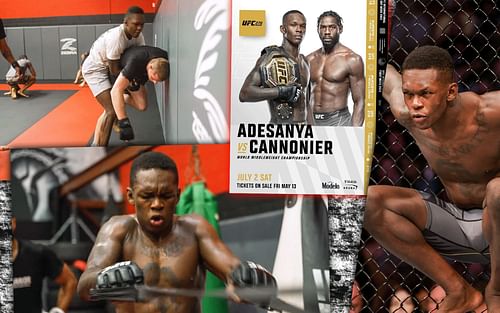 Israel Adesanya training (Left) [via @FREESTYLEBENDER on YouTube], UFC 276 poster (Center) [via @ufc on Instagram], Israel Adesanya (Right)