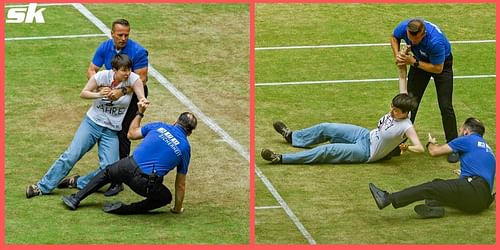 A spectator ran on the court and attempted to tie herself to the net during the Halle Open final between Daniil Medvedev and Hubert Hurkacz