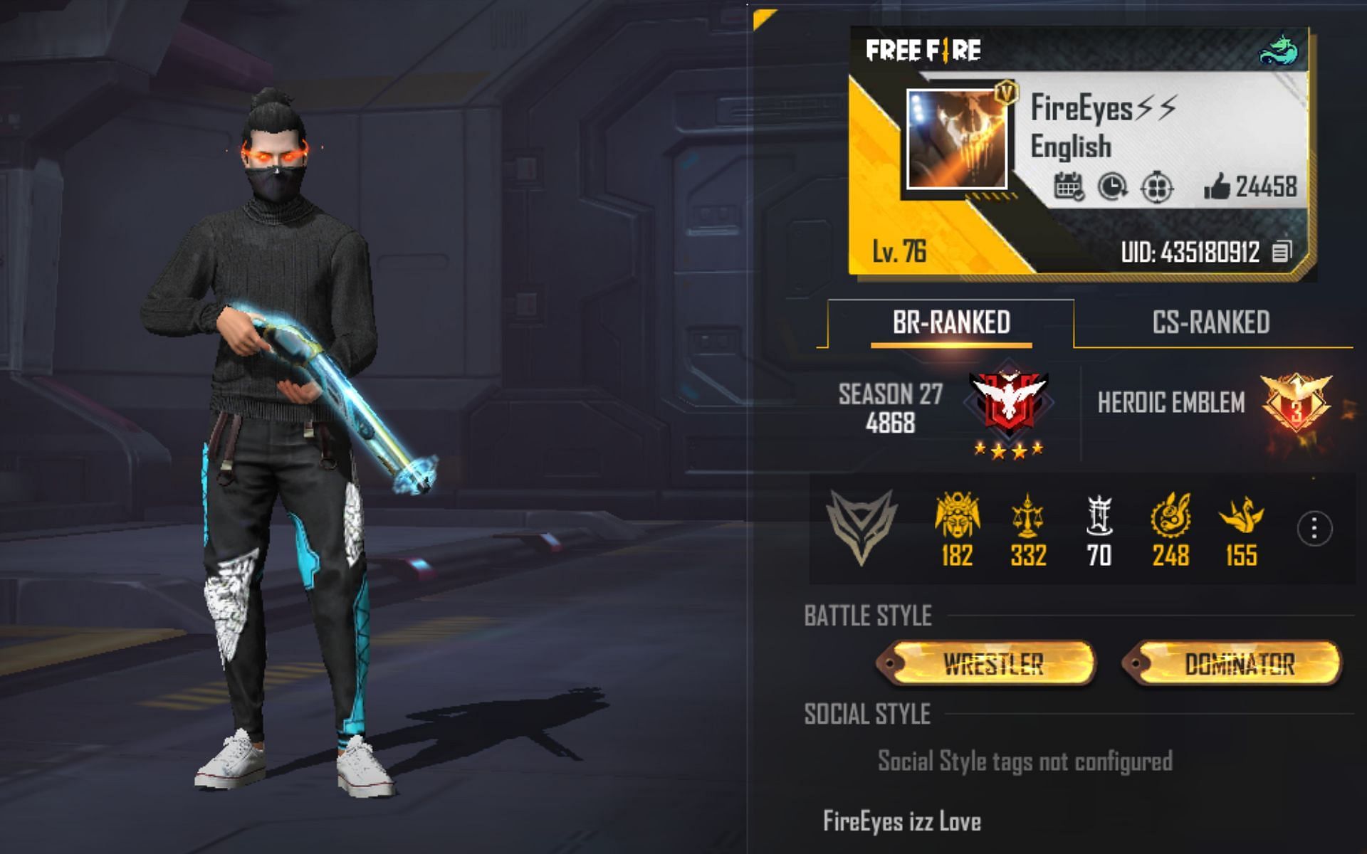 FireEyes Gaming&rsquo;s Free Fire MAX ID (Image via Garena)