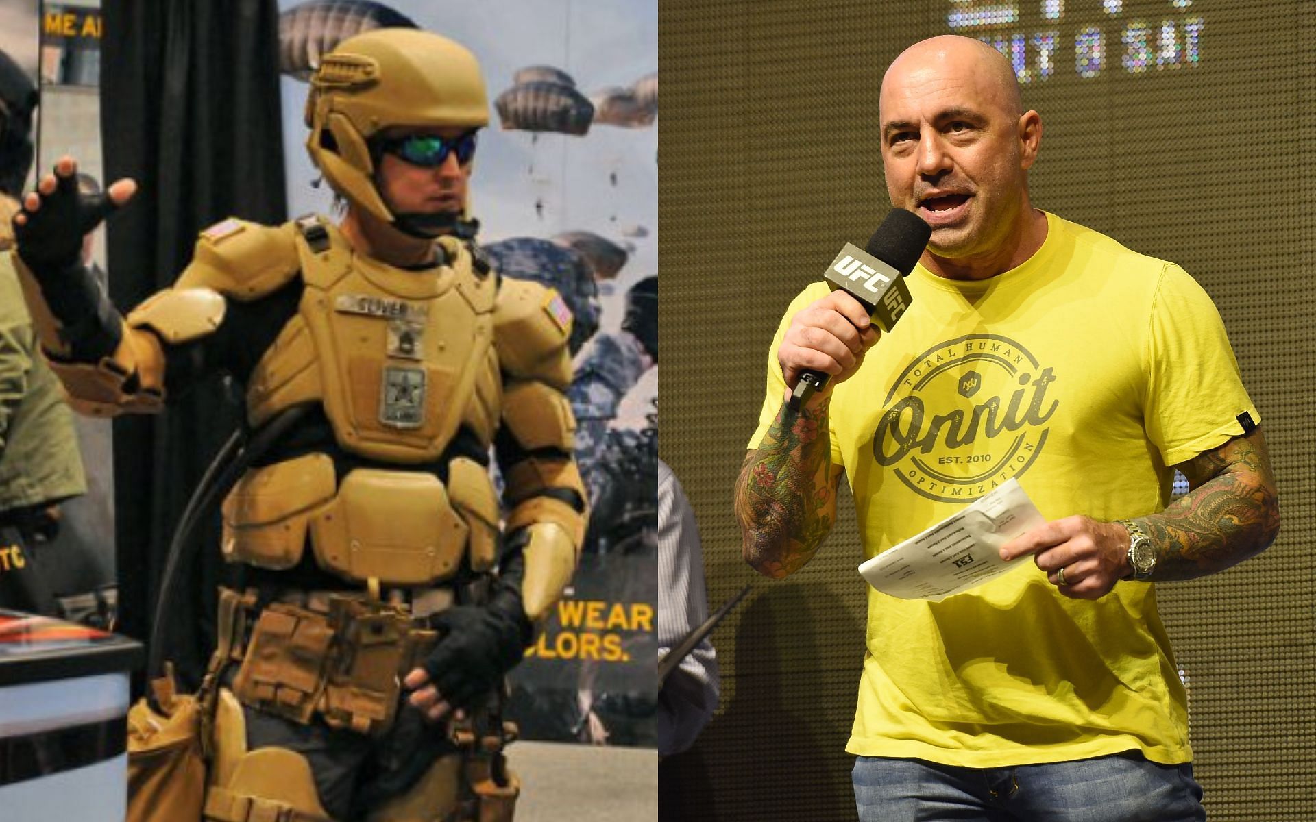 Military suit (left) and Joe Rogan (right) (Images via Twitter/@NavyTimes and Getty)