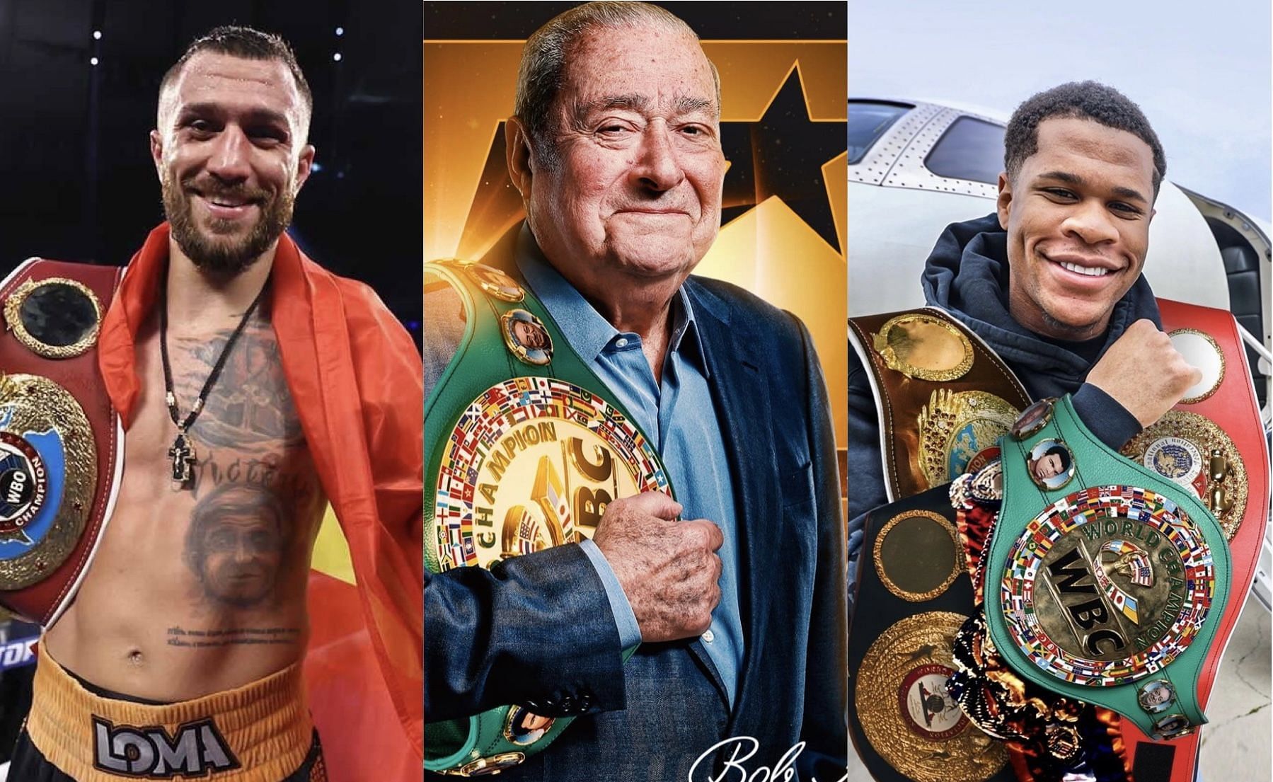 Vasyl Lomachenko (left), Bob Arum (middle), Devin Haney (right) - Images via @lomachenkovasiliy, @wbc_usa , @toprank