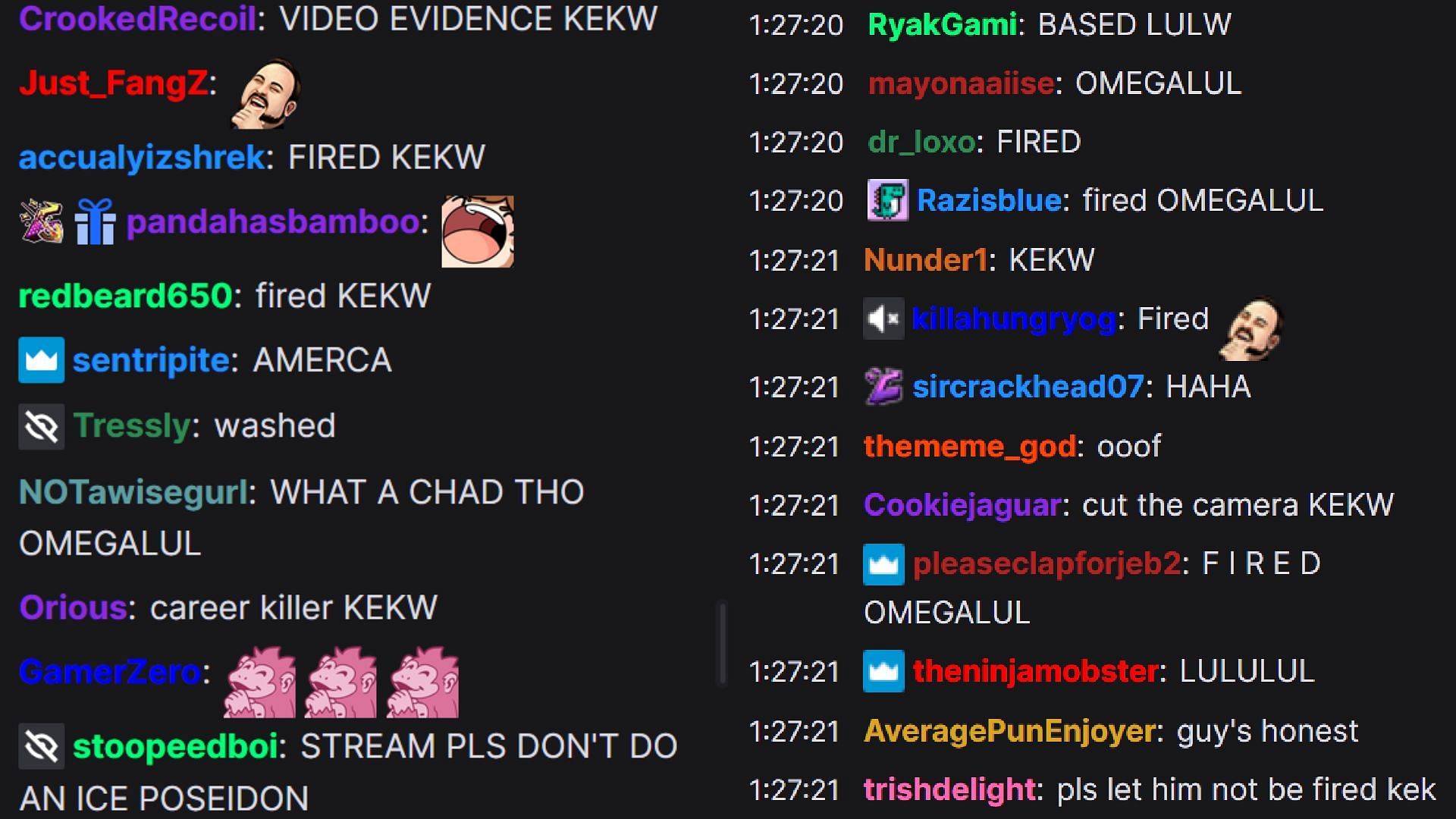 Chat reacting to the possibility that the man might get fired (Image via CDawgVA/ Twitch)