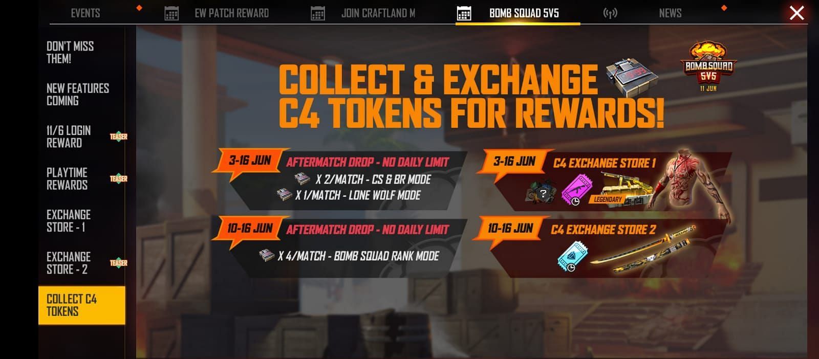 Methods to collect C4 tokens in the Free Fire MAX (Image via Garena)