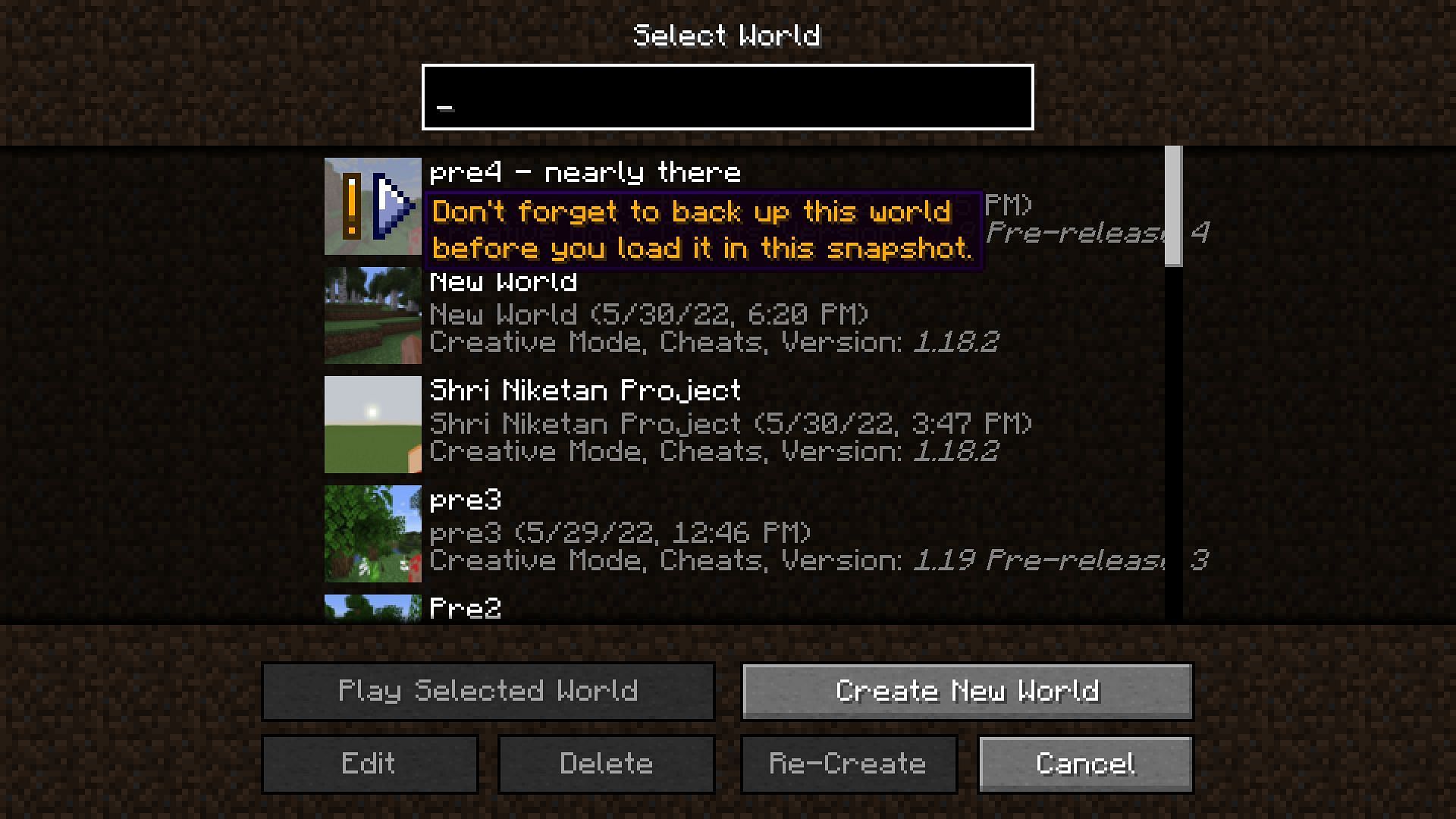 The existing worlds can be incompatible with pre-releases (Image via Minecraft)