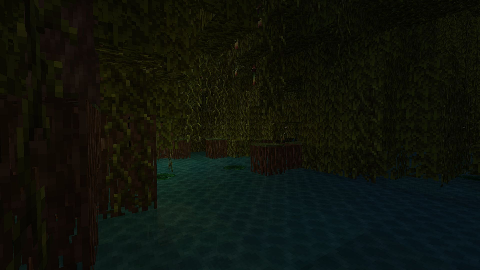 A mangrove swamp, one of The Wild Update&#039;s new biomes, at night (Image via Minecraft)