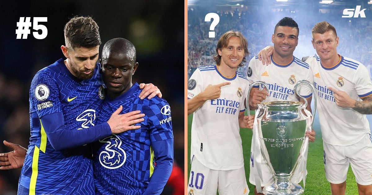 Jorginho and N&#039;Golo Kante of Chelsea (left) and Luka Modric, Casemiro and Toni Kroos of Real Madrid (right)