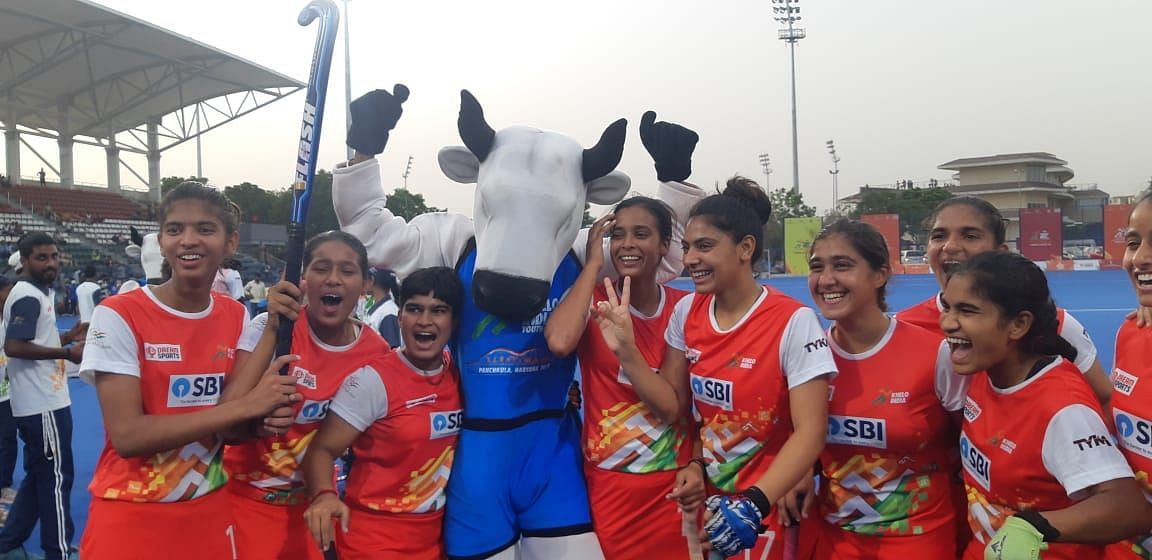 Haryana girls celebrate their hockey gold medal win. (PC: Khelo India)
