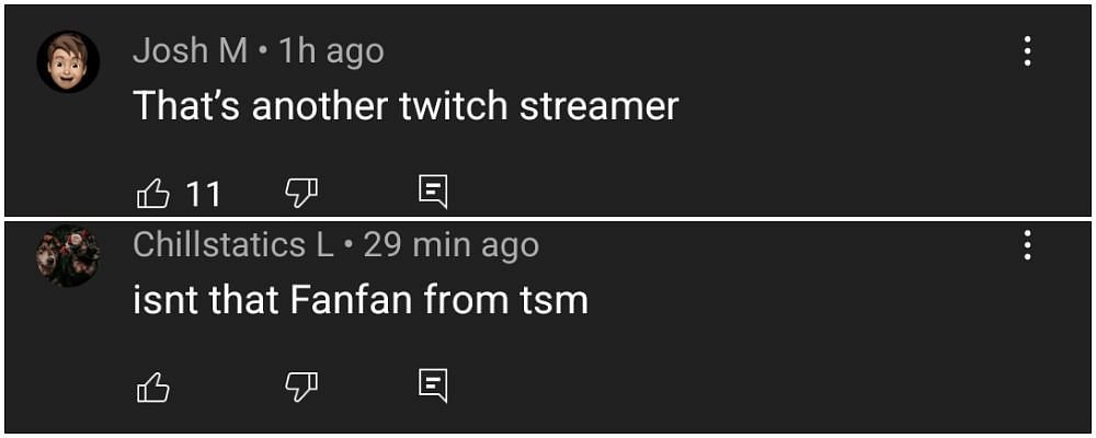 Though a fan of both streamers, TSM&#039;s Fanfan was recognized by the other streamers and YouTube commenters (Image via YouTube)