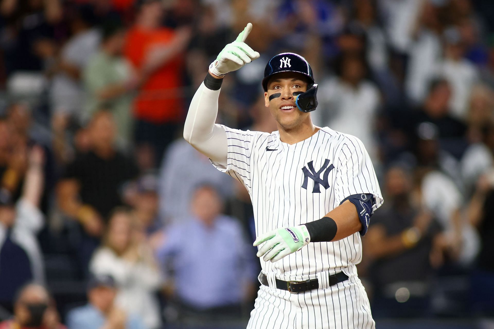 Aaron Judge of the New York Yankees reacts after hitting his second home run in a game against the Chicago Cubs.