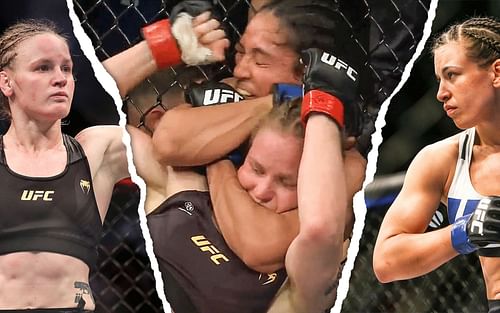 Valentina Shevchenko (left), Taila Santos vs. Valentina Shevchenko (center, image credit: @ufc on Instagram), Miesha Tate (right)