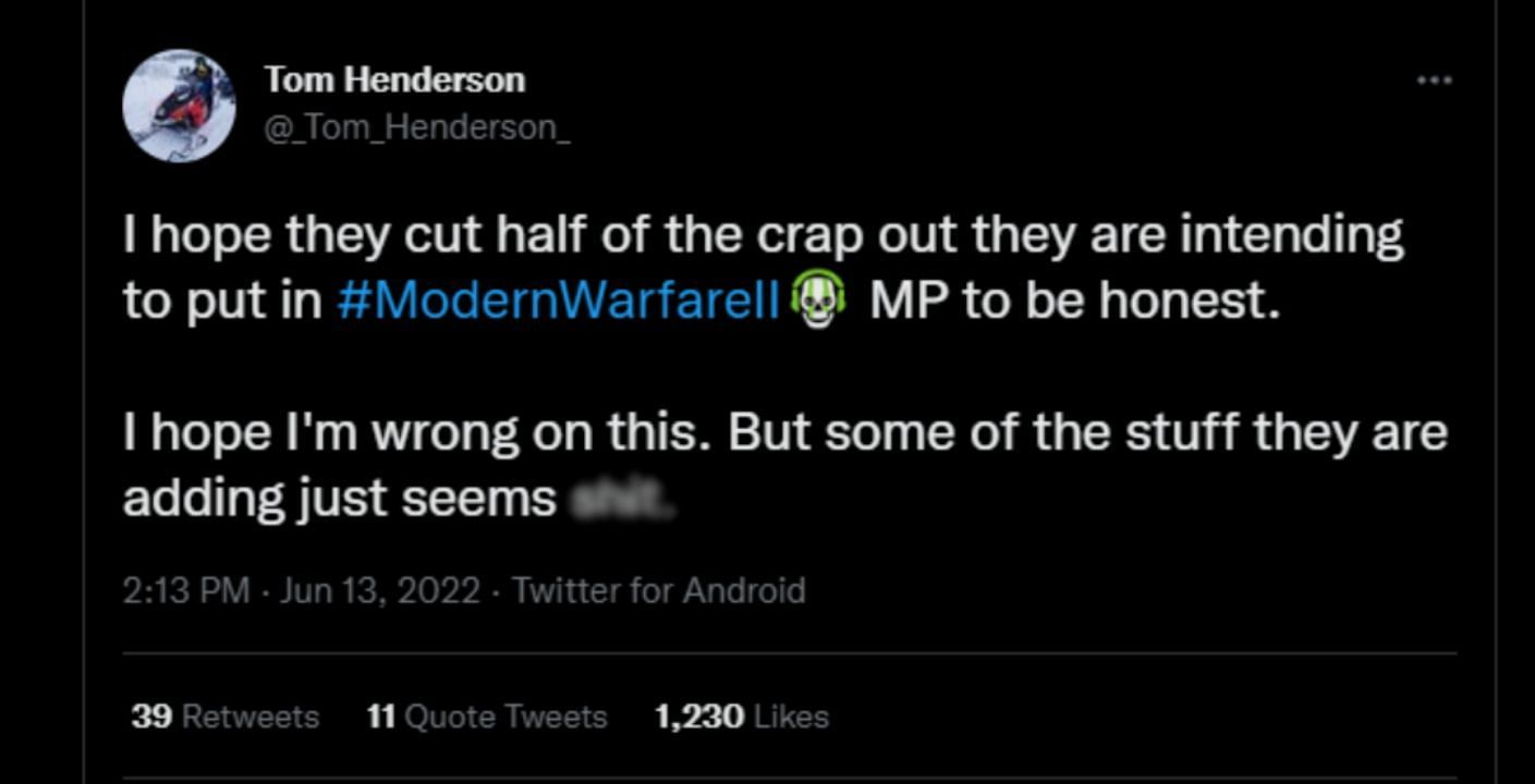 توم هندرسون يشارك رأيه في لعبة Modern Warfare 2 متعددة اللاعبين القادمة (الصورة من Twitter)