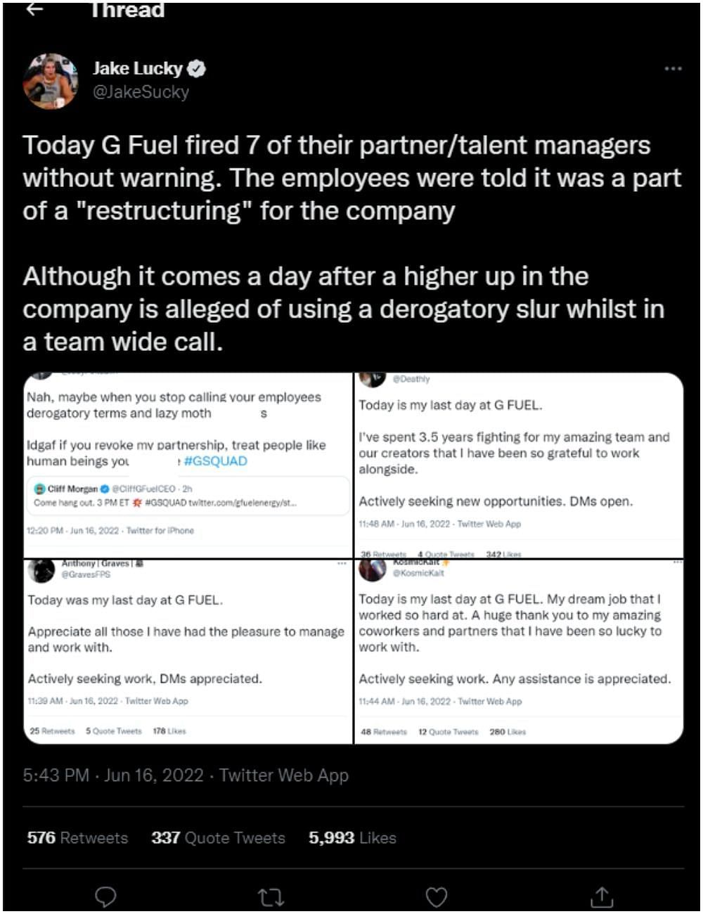 According to reports, GFuel has let several employees go for contacting HR after a team call (Image via Twitter)