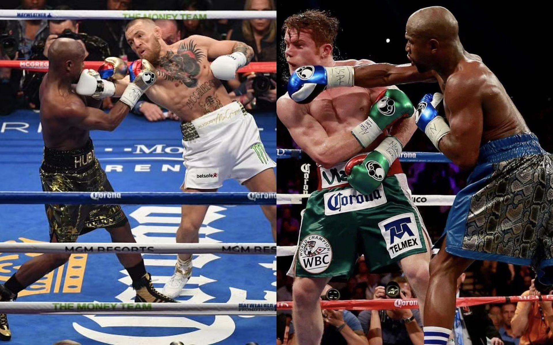 Floyd Mayweather vs. Conor McGregor (left); Canelo Alvarez vs. Floyd Mayweather (right) [Right image via @tomorrowsboxing on Instagram]
