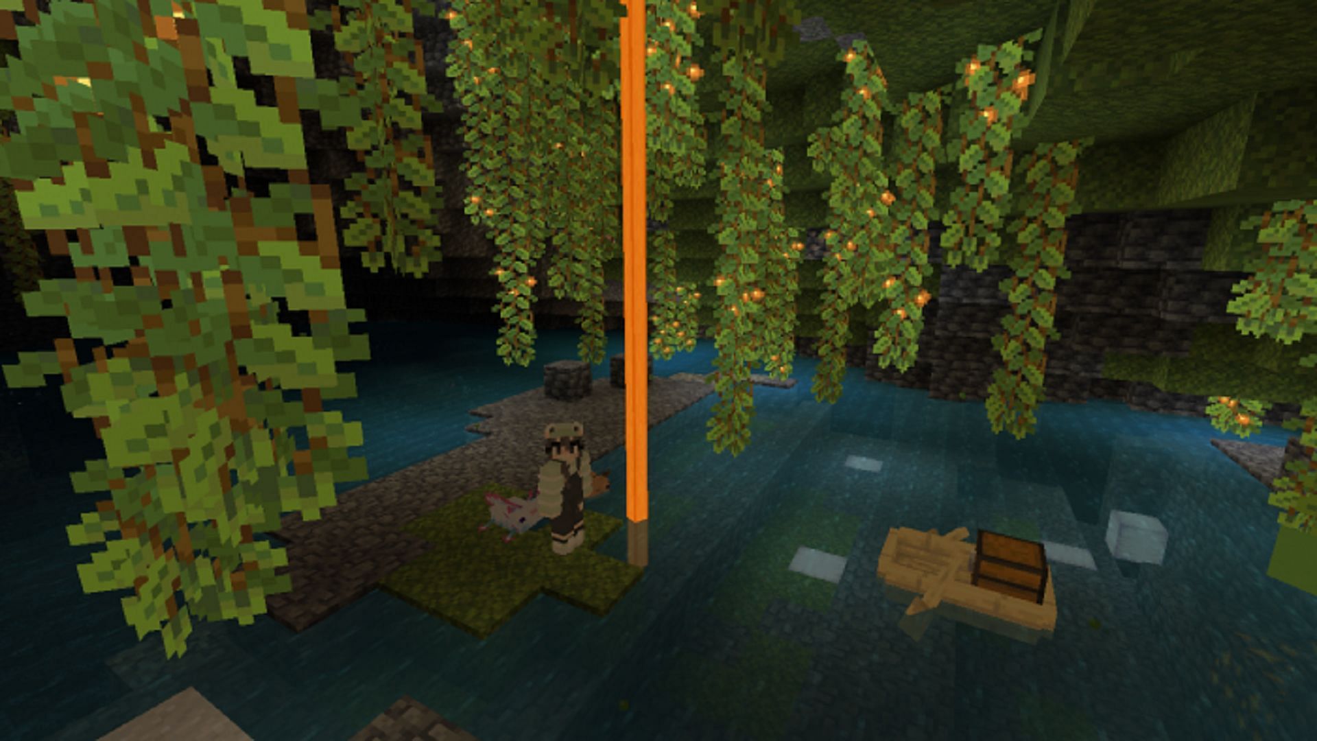 A waypoint located within a lush cave biome (Image via O CHETTY O)