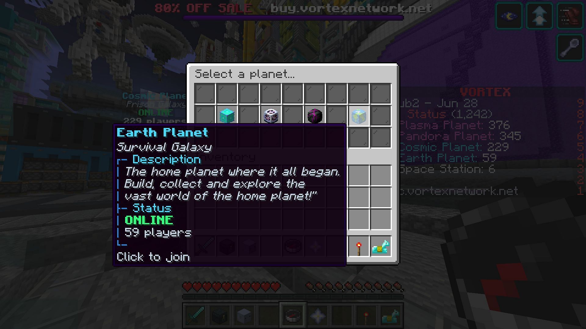 Vortex Gaming server is space-themed and has different planets for different game modes (Image via Minecraft 1.19)